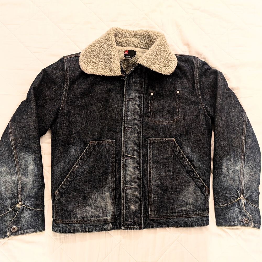 Men's Black Denim Jacket with Shearling Collar